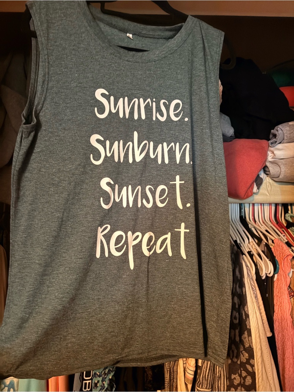 Graphic Muscle Tank - 'Sunrise. Sunburn. Sunset. Repeat.' - Teal